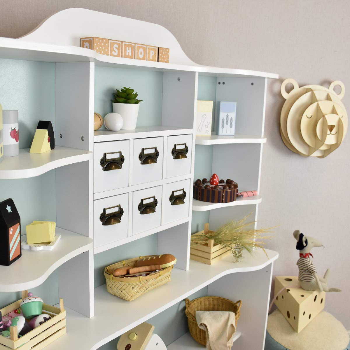 Roba Kaufladen Macaron Mint-Weiss aus Holz - Großer Kaufmannsladen für Kinder - Marktstand