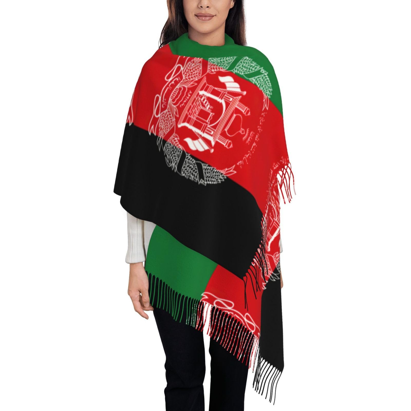 Sdegtho Black Flag Of Afghanistan Printed Long Shawl, Wrap Around Neck Warmer With Flowing Tassels For Comfort And Styling