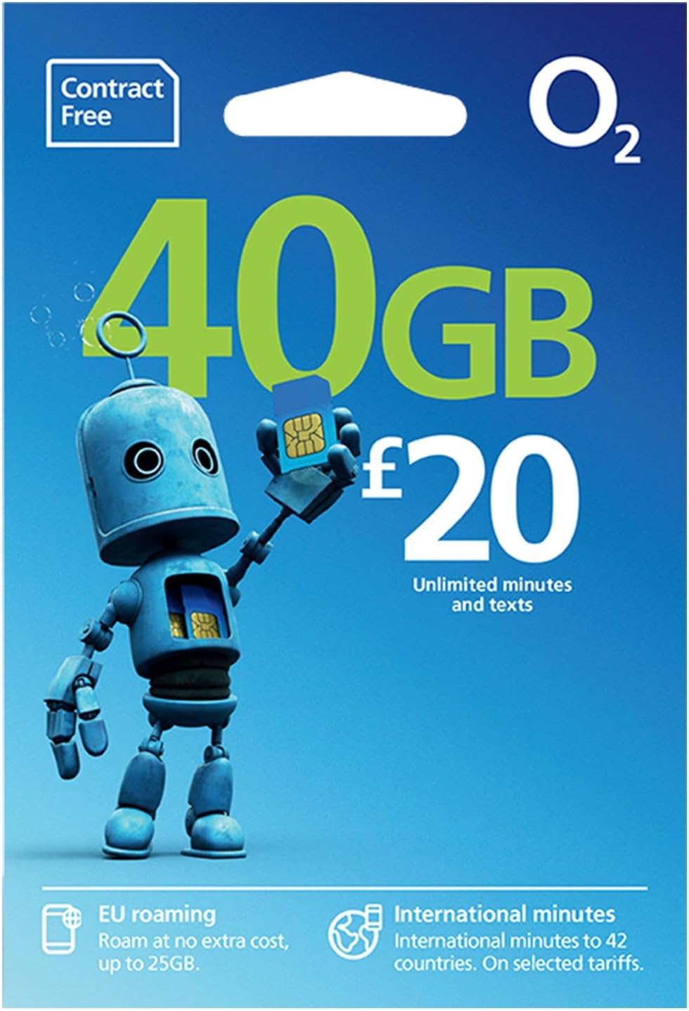 O2 SIM Card UK & EUROPE PREPAID PAYG £20 Bundle 40GB data, unlimited minutes & texts