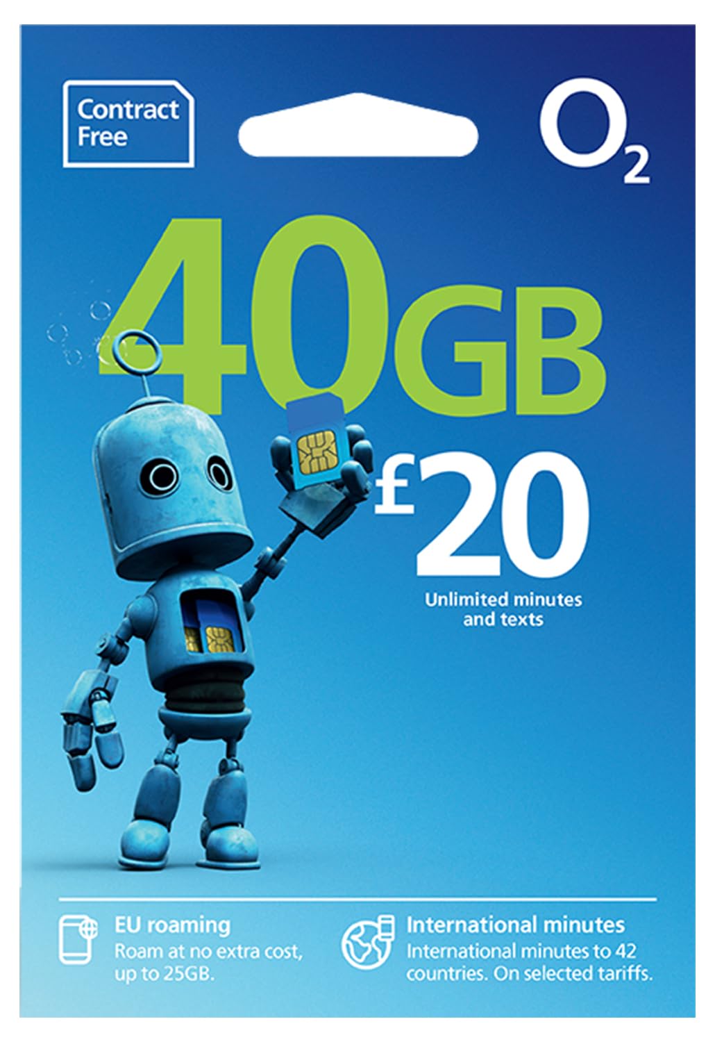 O2 SIM Card UK & EUROPE PREPAID PAYG £20 Bundle 40GB data, unlimited minutes & texts
