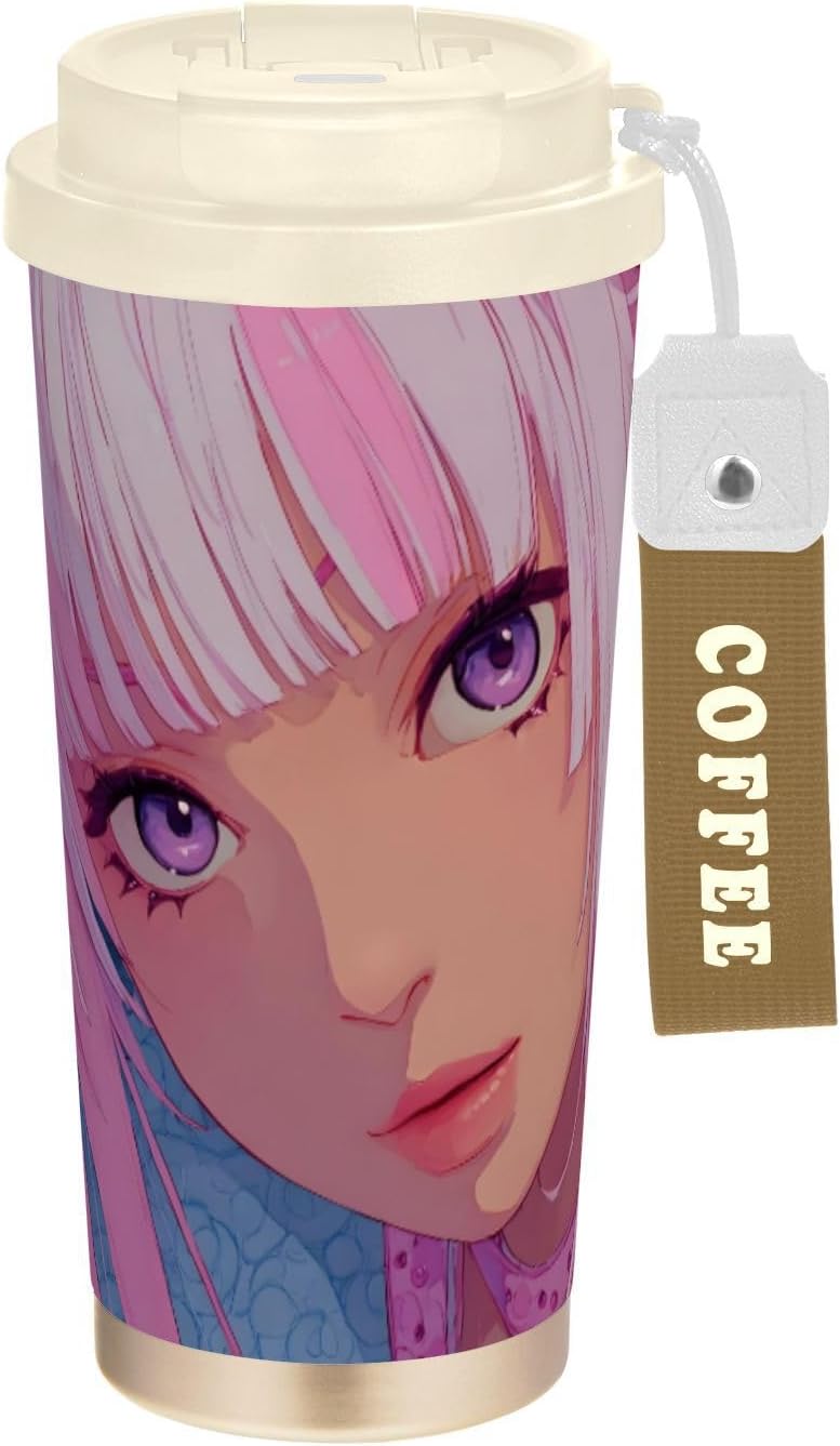 Woman Anime Fantasy Insulated Coffee Mug with Straw & Flip Lid, 16.9oz Iced Tumbler Cup, Double Wall Vacuum Mug for Travel Office