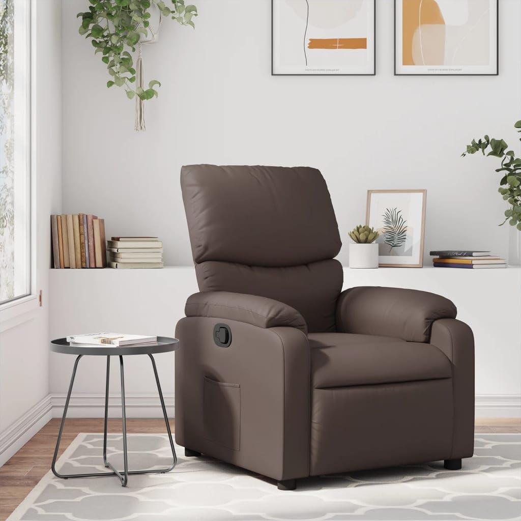 Sillón de relax manual de piel sintética marrón con reposabrazos, cómodo sillón de descanso con bolsillo lateral, respaldo ajustable hasta 135°, piel sintética de fácil cuidado, estable