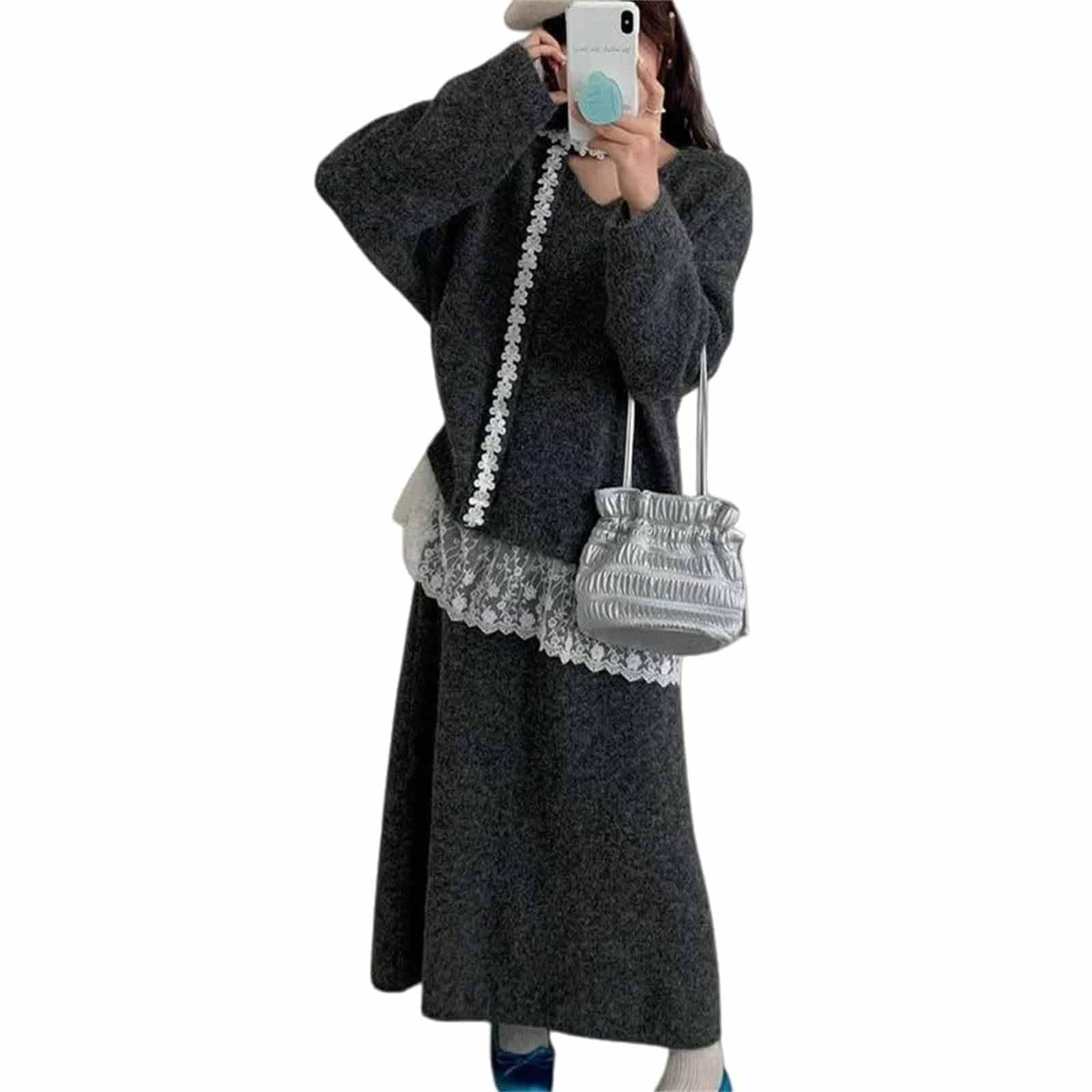 Elegante conjunto de suéter de punto y falda larga para temporada otoño invierno atuendo informal femenino