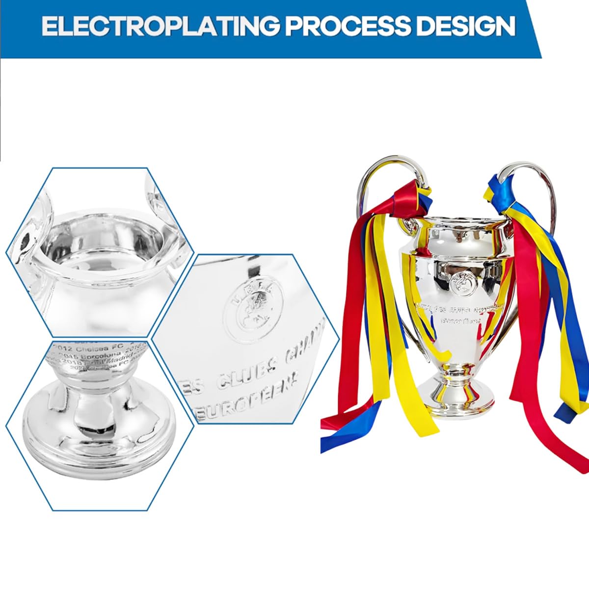 Réplique Trophée de la Ligue des Champions,Trophées des Champion d'europe De Football avec 3 éVentails De Rubans De Couleur Décorations pour La Maison Collection Ornements D'affichage,32cm