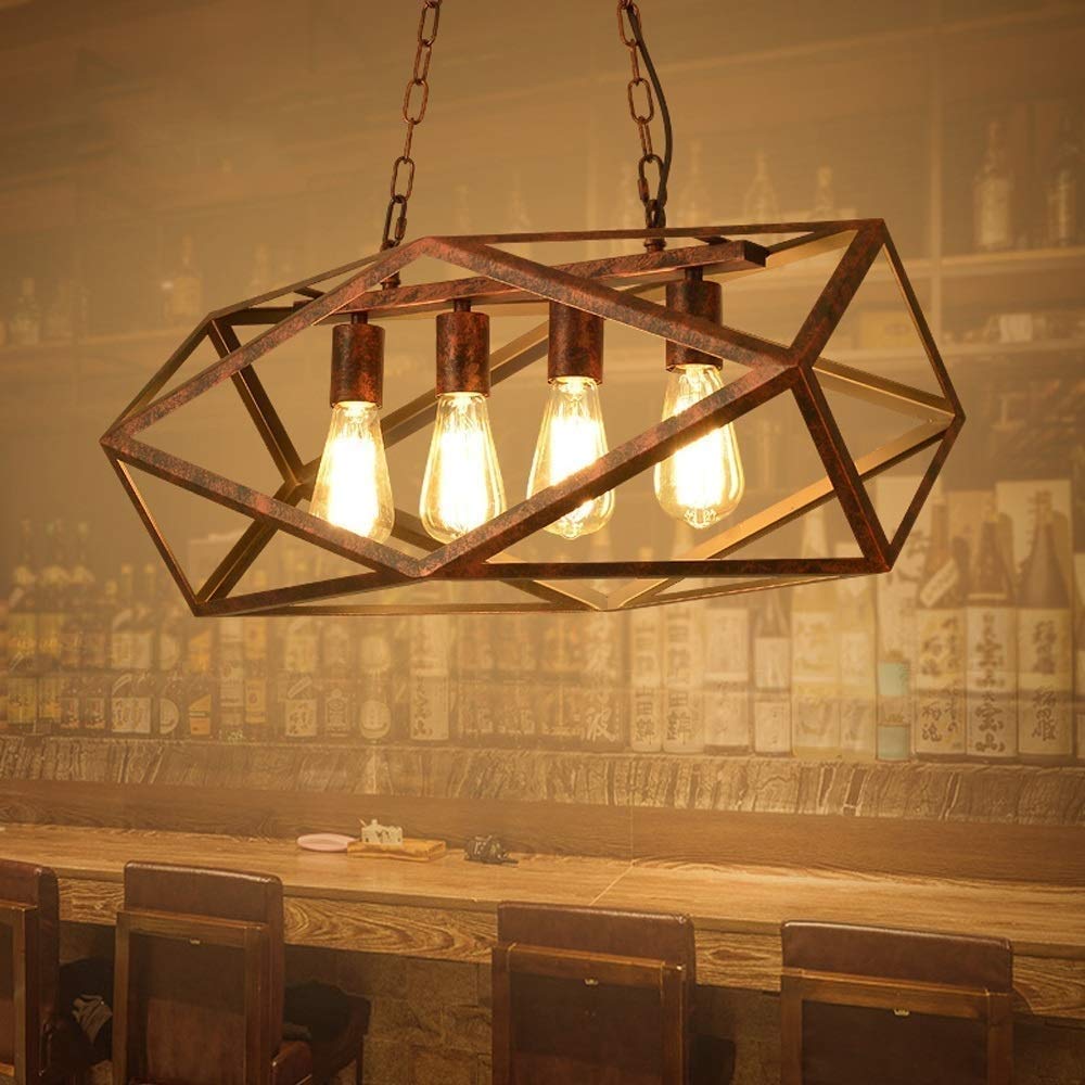 Raelf 4 Creative Geometric Rectangular Iron Restaurant Island Chandelier Antique Embroidered Ceiling Lighting Interior Decoration Hanging Lamp Vintage Creative Iron Ceiling Chandelier E27 / E26