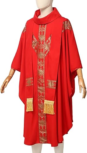 Miniatura 4 de ANDHOM Vestimenta de iglesia para sacerdotes católicos, ropa de misa de casulla y bata de cuello redondo con estola de pastor, Rojo -