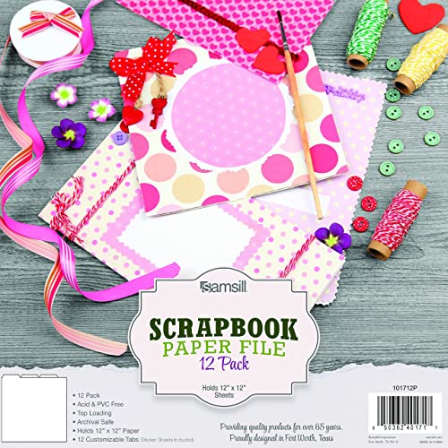 Samsill Scrapbook Paper Storage Organizer, 12 Count Of Individual Top Loading Files With Customizable Tabs, Holds 12 X 12 Inch Scrapbook Paper, Vinyl Paper, Photos, Clear, Pvc And Acid Free, 12 Pack #TOP2