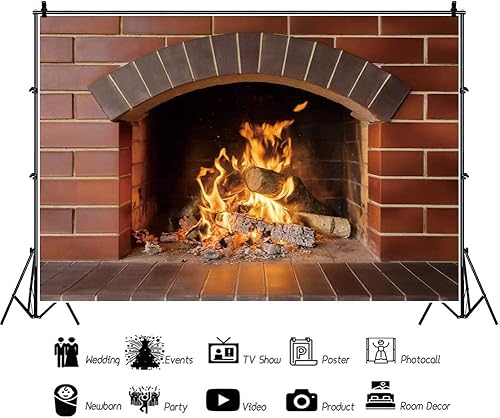 Miniatura 3 de OERJU Telón de fondo de pared de ladrillo rojo de 5 x 4 pies para chimenea, fuego ardiente, fuego ardiente, decoración de fiesta de Navidad, fondo