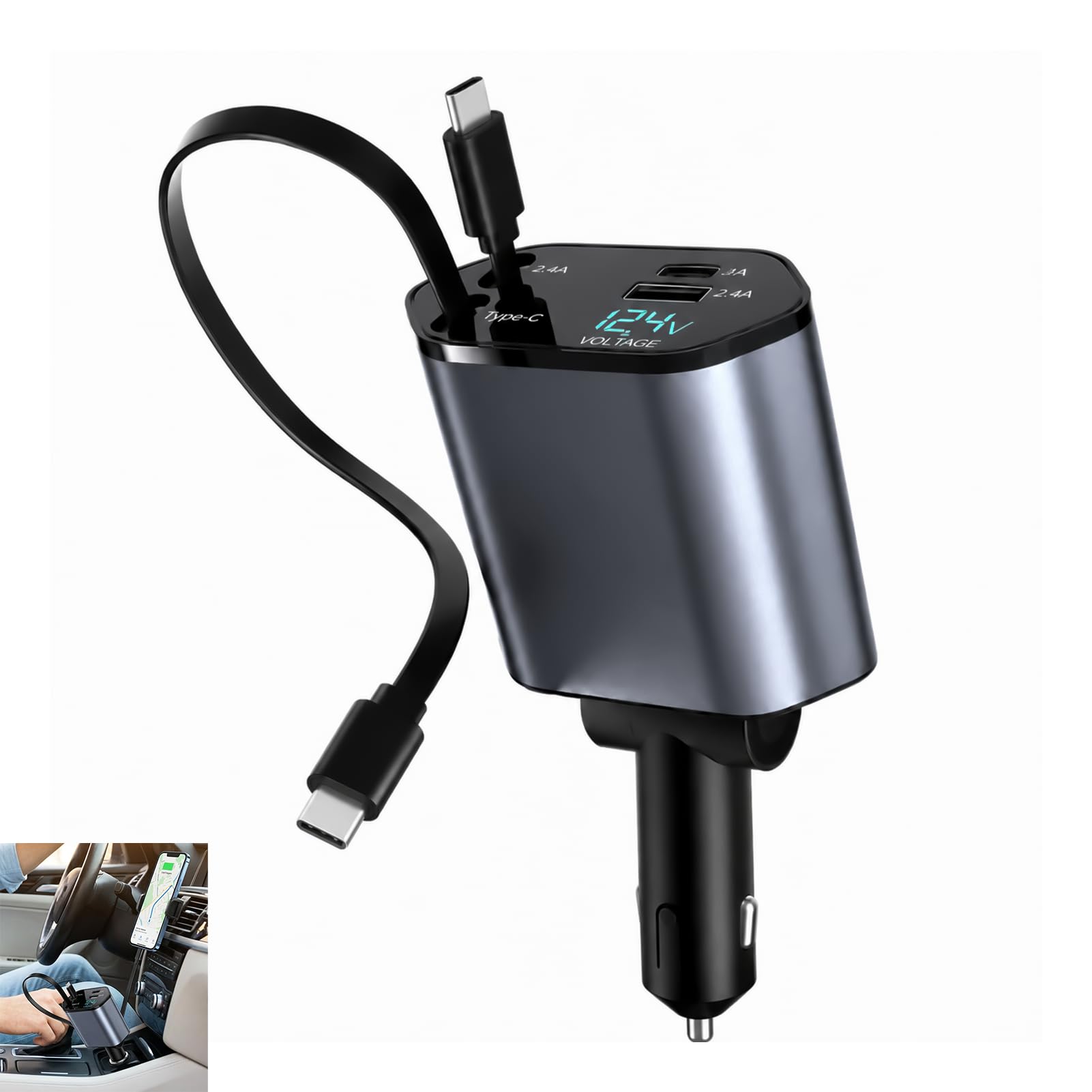 4 in 1 Kfz-Ladegerät USB C, Auto Ladegerät mit Einziehbarem Kabel, Zigarettenanzünder 12V/24V, Digital Spannungsanzeige, PD USB C, USB A, Autoladegerät für iPhone 17/16/15, Samsung Galaxy S25/S24