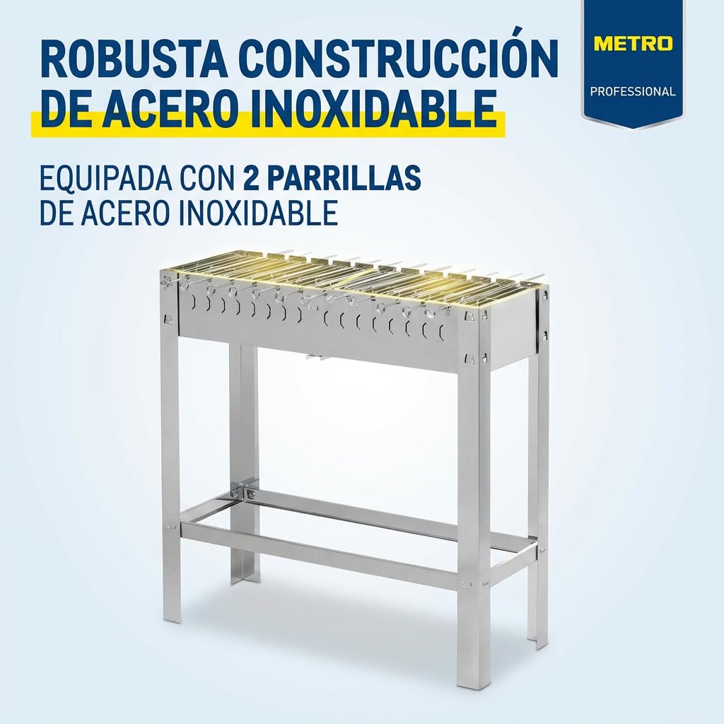 METRO Professional Barbacoa de Carbón Rectangular Karasu, Acero Inoxidable, 31 x 81 x 80 cm, 2 Rejillas,12 Pinchos, Plata
