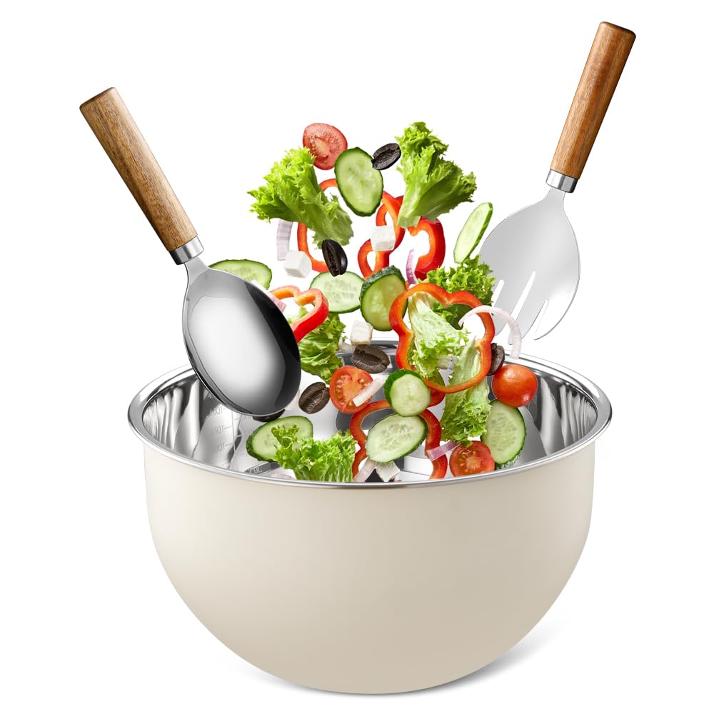 FAB4HOME Salad Bowl and Server Set Stainless Steel Salad Mixing Bowl with Salad Spoon & Fork Large Metal Kitchen Bowl for Food Preparing and Serving, 26cm, Dishwasher Safe (Cream)