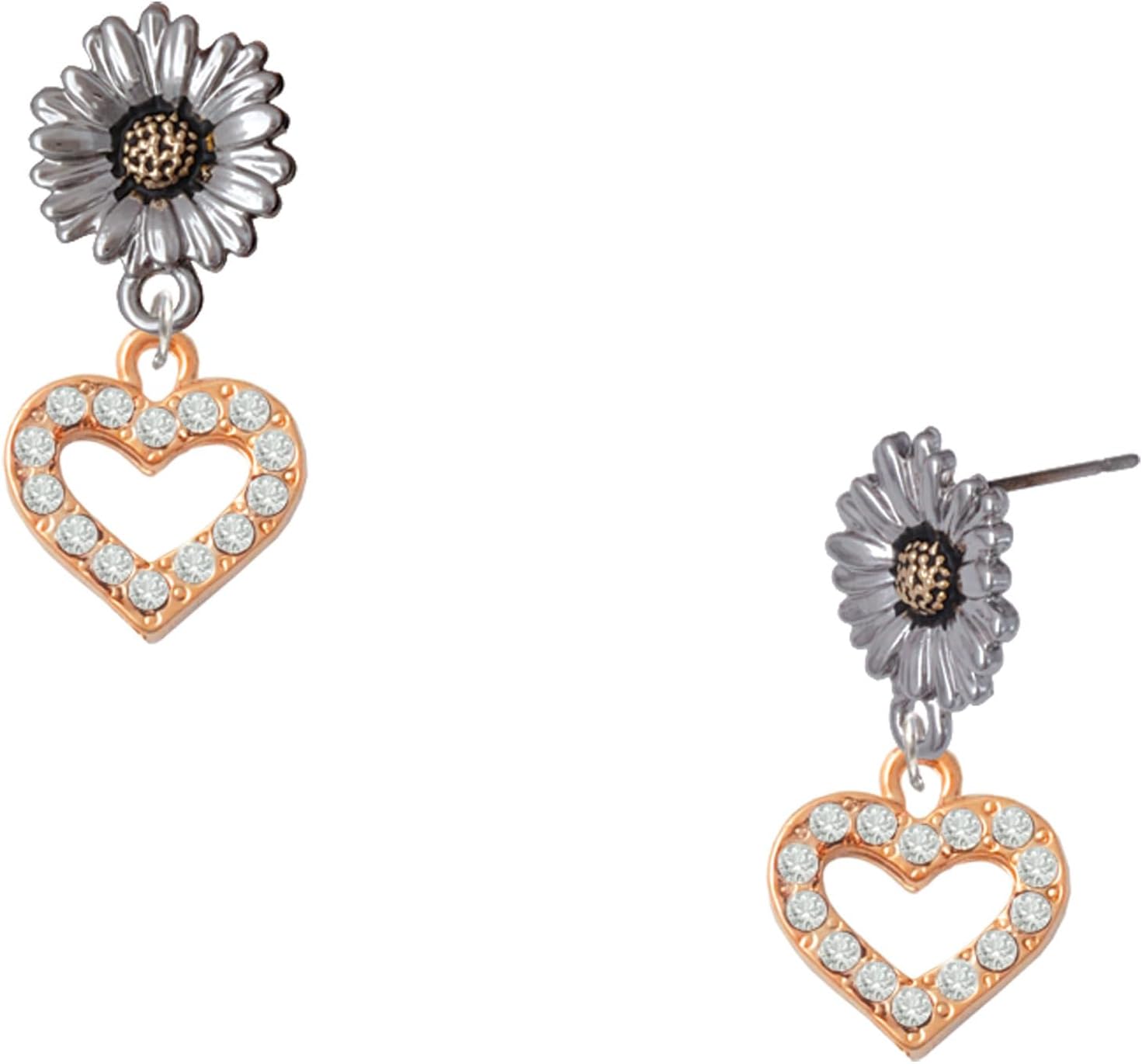 Delight Jewelry Plated Crystal Open Heart Two-tone Daisy Flower Post Earrings