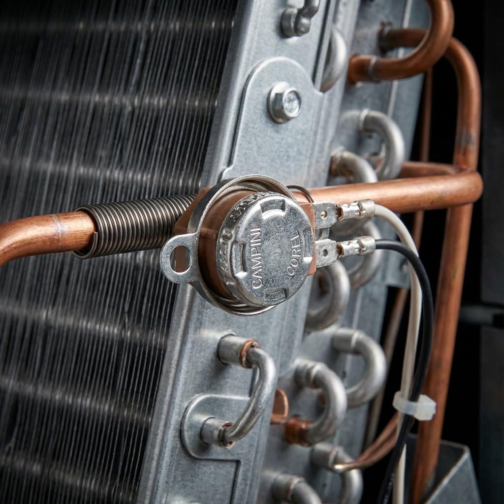 Termostato a pastiglia per fan coil con flangia NA 27–35°C chiusura 39–45°C