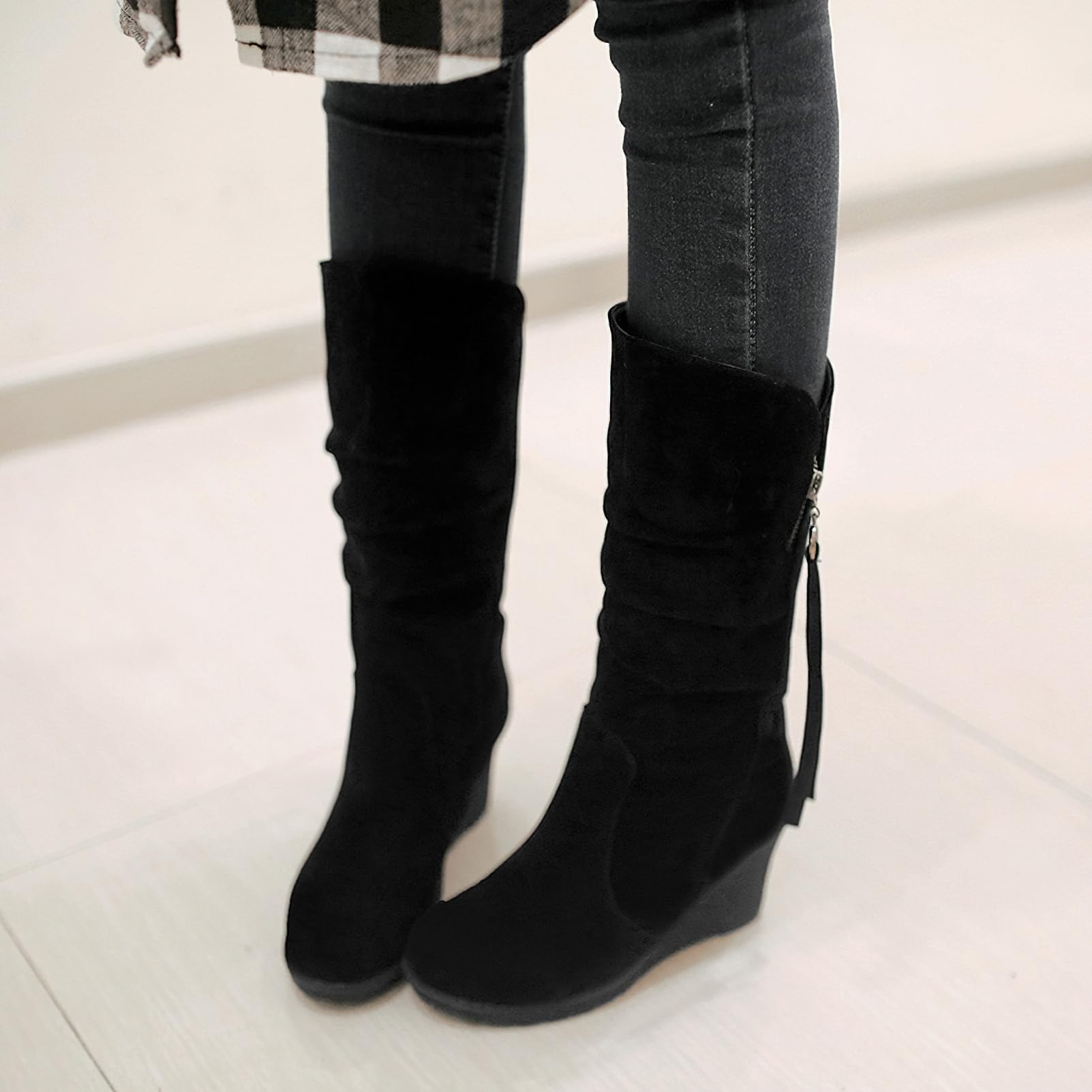 rismart Stivali Western Donna Polpaccio Medio Tacco a Zeppa Foderato con pelliccia sottile Camoscio Scarpe Invernali