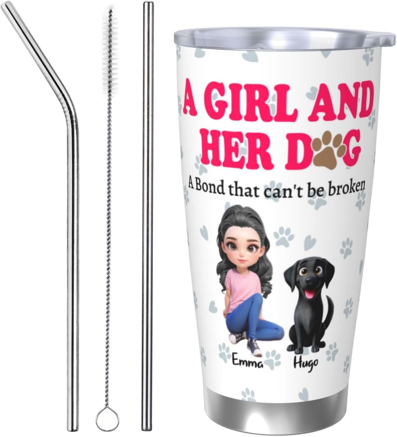 A Girl And Her Dog A Bond That Can’t Be Broken Dog Mom Personalized Tumbler with Lid, 20 Oz Stainless Steel Insulated Custom Coffee Tumbler Cup Gift for Dog Lovers Daughter Woman Wife