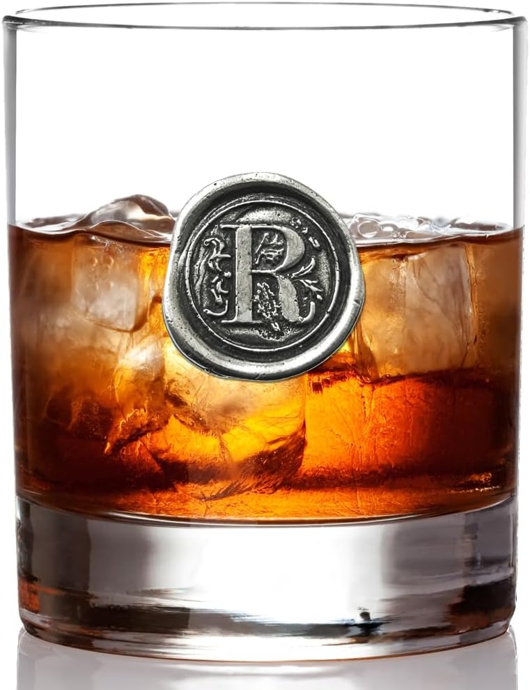 English Pewter Company 11oz Old Fashioned Whiskey Rocks Glass With Monogram Initial - Unique Gifts For Men - Personalized Gifts With Your Choice of Initial (R) MON118