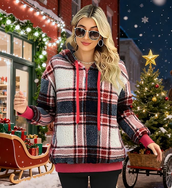 MYHALF Womens Sherpa Pullover Oversized Fuzzy Hoodie with Pockets Double Fleece Sweatshirt Plaid Fluffy Coat Winter Outerwear - Image 4