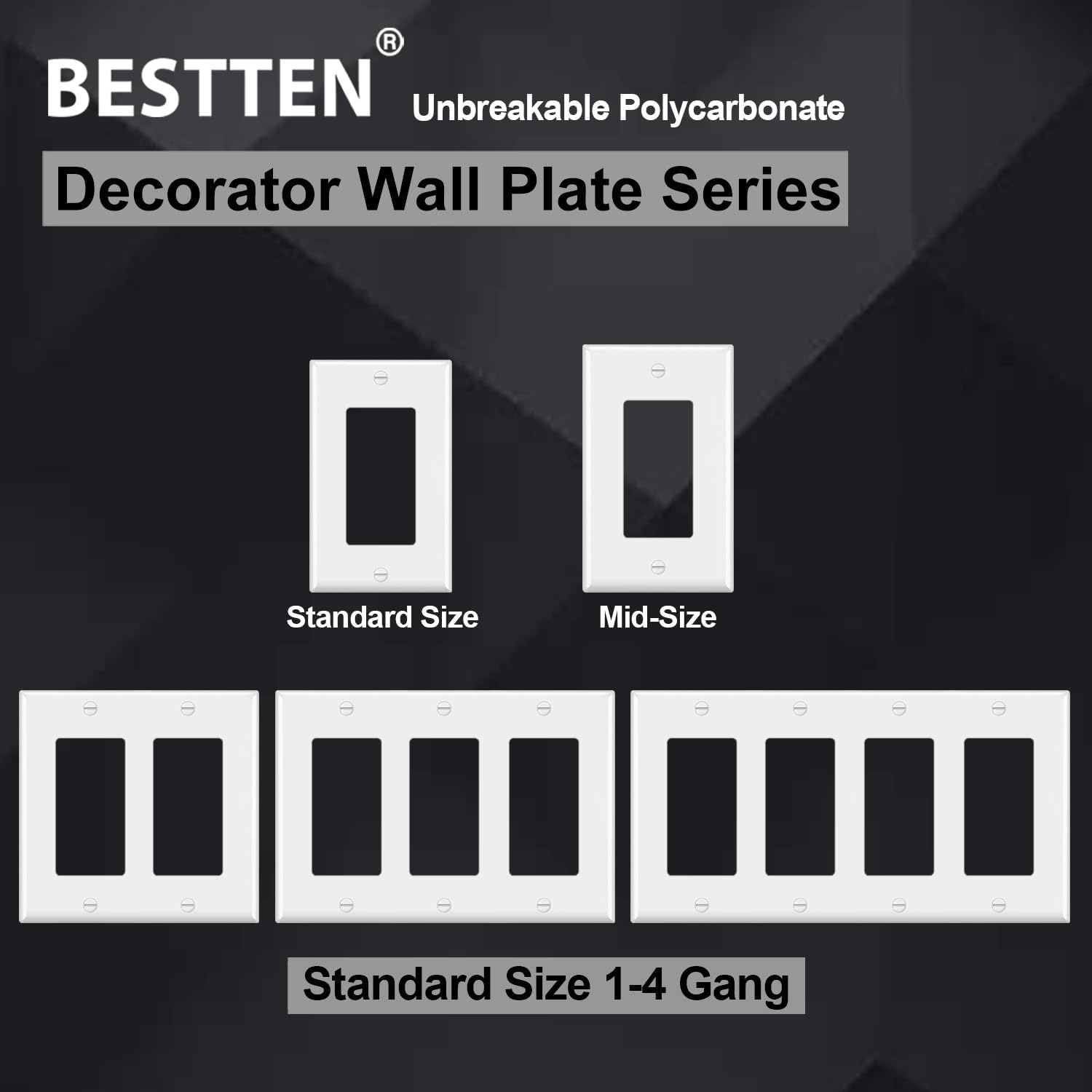 [2 Pack] BESTTEN 2-Gang Decorator Wall Plate, Standard Size, H4.53” x W4.57”, Unbreakable Polycarbonate Outlet and Switch Cover, UL Listed, White