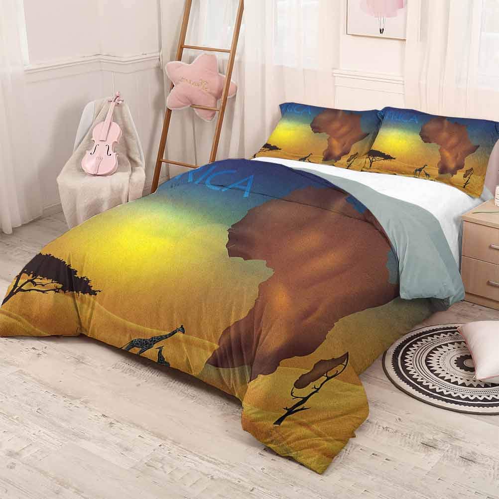 prunushome Safari Quilt Cover PillowcaseSavanna Giraffes Exotic Tropic Lands Culture Wild Nature Art Illustration Printing Bedclothes Decor Orange Chocolate Blue 71x87in/20x30inx2