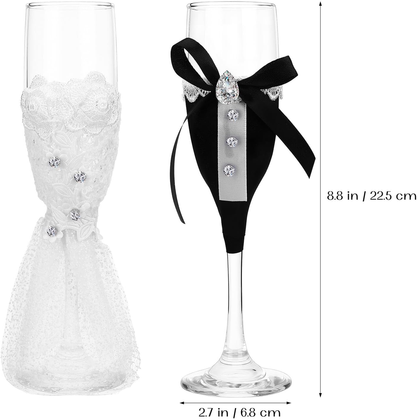 Wedding Wine Glass Set Black and White, Tall Vintage Goblets for Bride and Groom, Water Goblets for Wedding Toasts and Engagement Celebrations, 2pcs Decorative Stemware