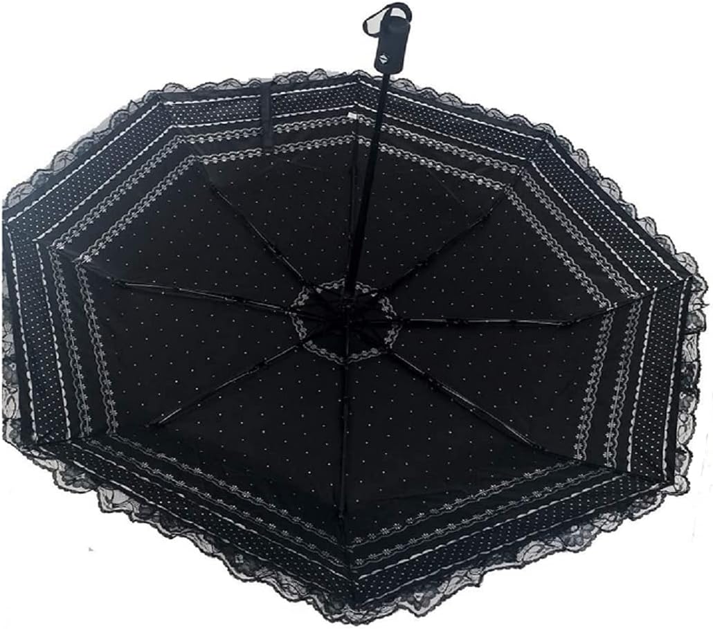 Unique Auto close/open Princess Lace Folding Umbrella Anti-uv Parasol sun rain umbrella sunshades with lace decoration compact enough to fit in tote bag prop for a Victorian mourning event Halloween freak show party with a lace hand bag