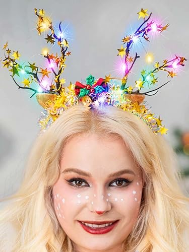 Miniatura 1 de CASDRE Diadema de Navidad iluminada, diadema de cornamenta de reno dorado, aro de Navidad, campana de lazo de Navidad, accesorios para el cabello