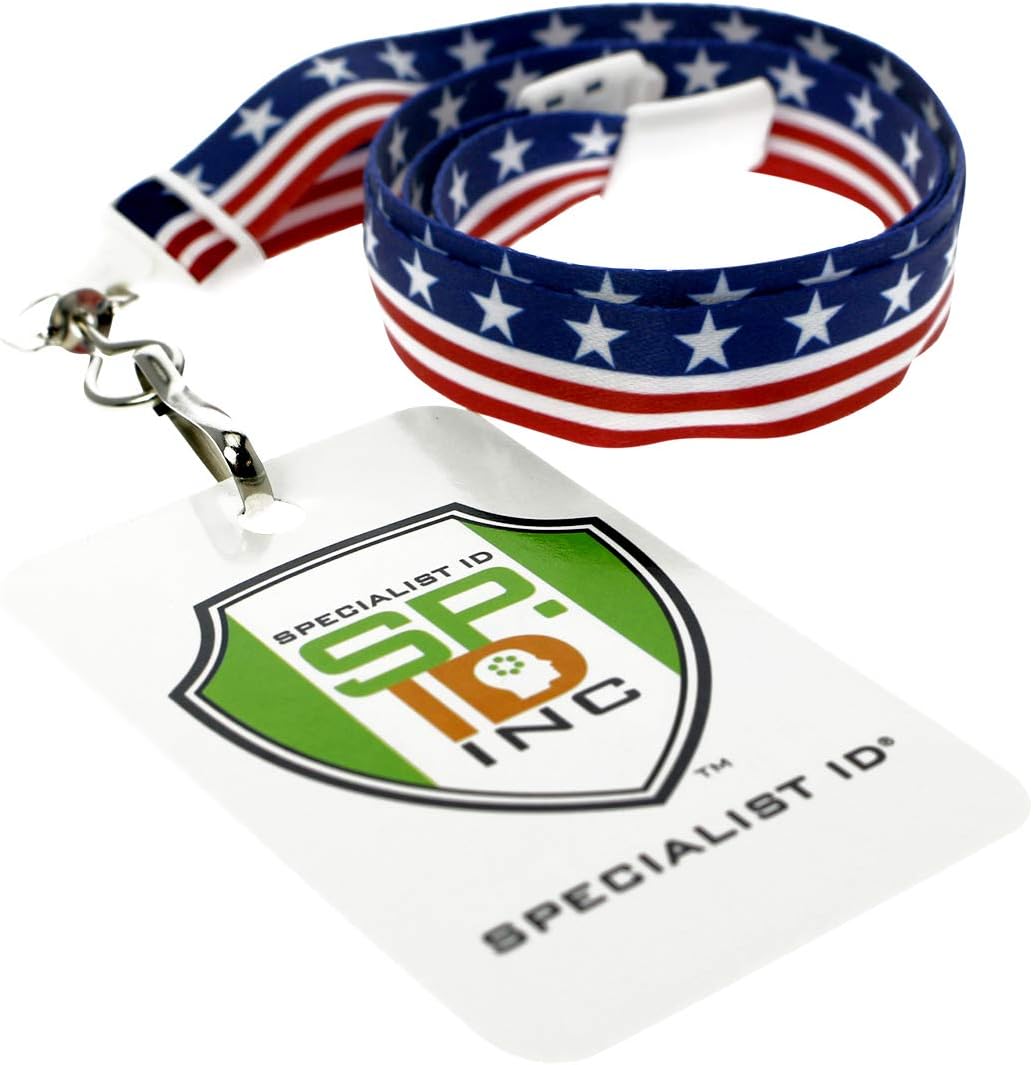 Specialist ID Bulk 100 Pack - American Flag Lanyard for ID Badges & Keys - Patriotic USA Lanyards for Fourth of July Supplies - Red White & Blue Stars & Stripes - Soft Fabric Safety Breakaway Clasp