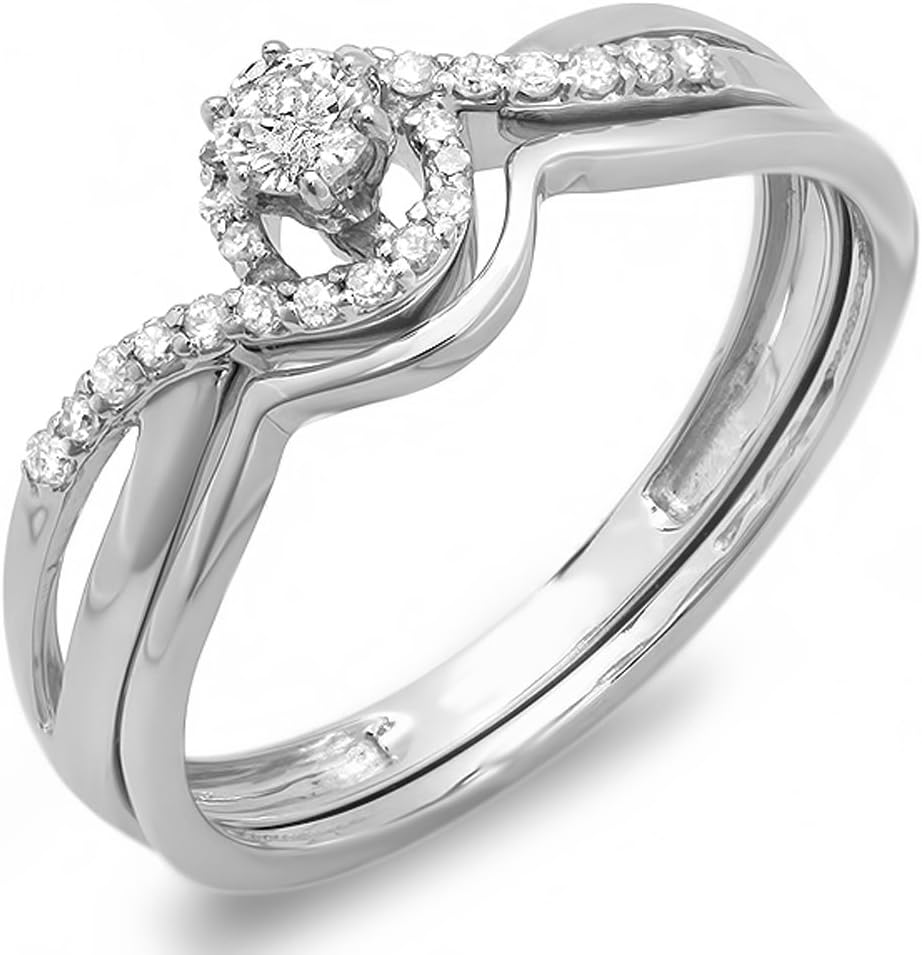 Dazzlingrock Collection 0.25 Ctw 10k Round Diamond Womens Swirl Crossover Bridal Ring Engagement Set 1/, Solid White Gold