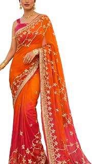 Embroidered Chiffon Saree, Orange and Pink Ombre, Floral Zari Work, Golden Border, Price In India