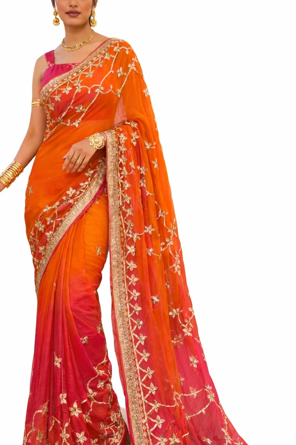 Embroidered Chiffon Saree, Orange and Pink Ombre, Floral Zari Work, Golden Border, - Review, Price and Buying Guide