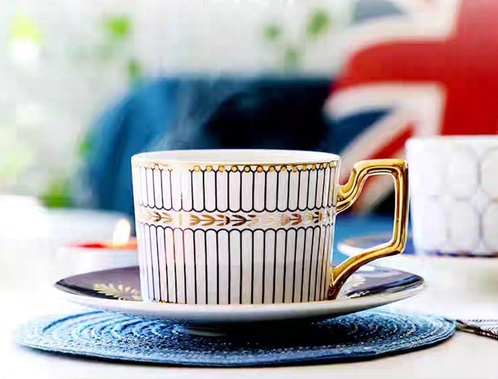 Einfache Keramik-Kaffeetasse*Milchtasse* Lustiges Kaffeetasse-Teetasse-Tasse- und Untertasse-Löffel-Set, modisch bedruckte Keramik-Kaffeetasse mit Goldgriff und Knochenporzellan, geeignet for Nachmitt