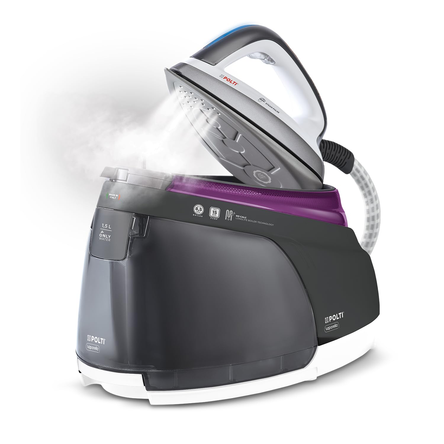 Polti La Vaporella XT125C, Ferro da Stiro a Vapore con Caldaia | Pressione 8 Bar, Autonomia Illimitata, Potenza 2630 W, Funzione ECO, Serbatoio 1,5 l, Colpo di Vapore 600 g, Nero e Viola