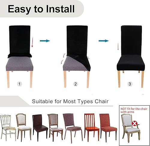 Miniatura 6 de smiry - Fundas para sillas de comedor de terciopelo elástico y suave, extraíbles, Terciopelo, Negro