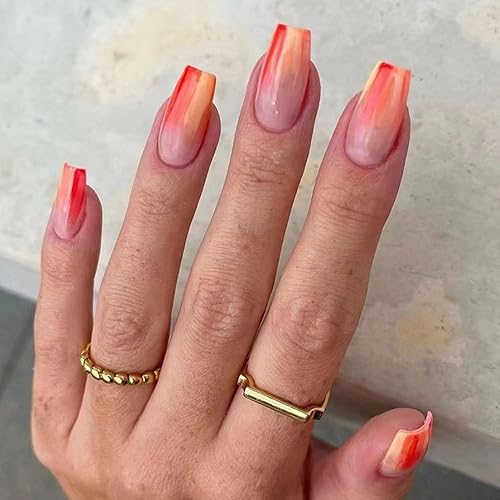 Press On Nails Medium Coffin Orange Ombre Glossy Glue on