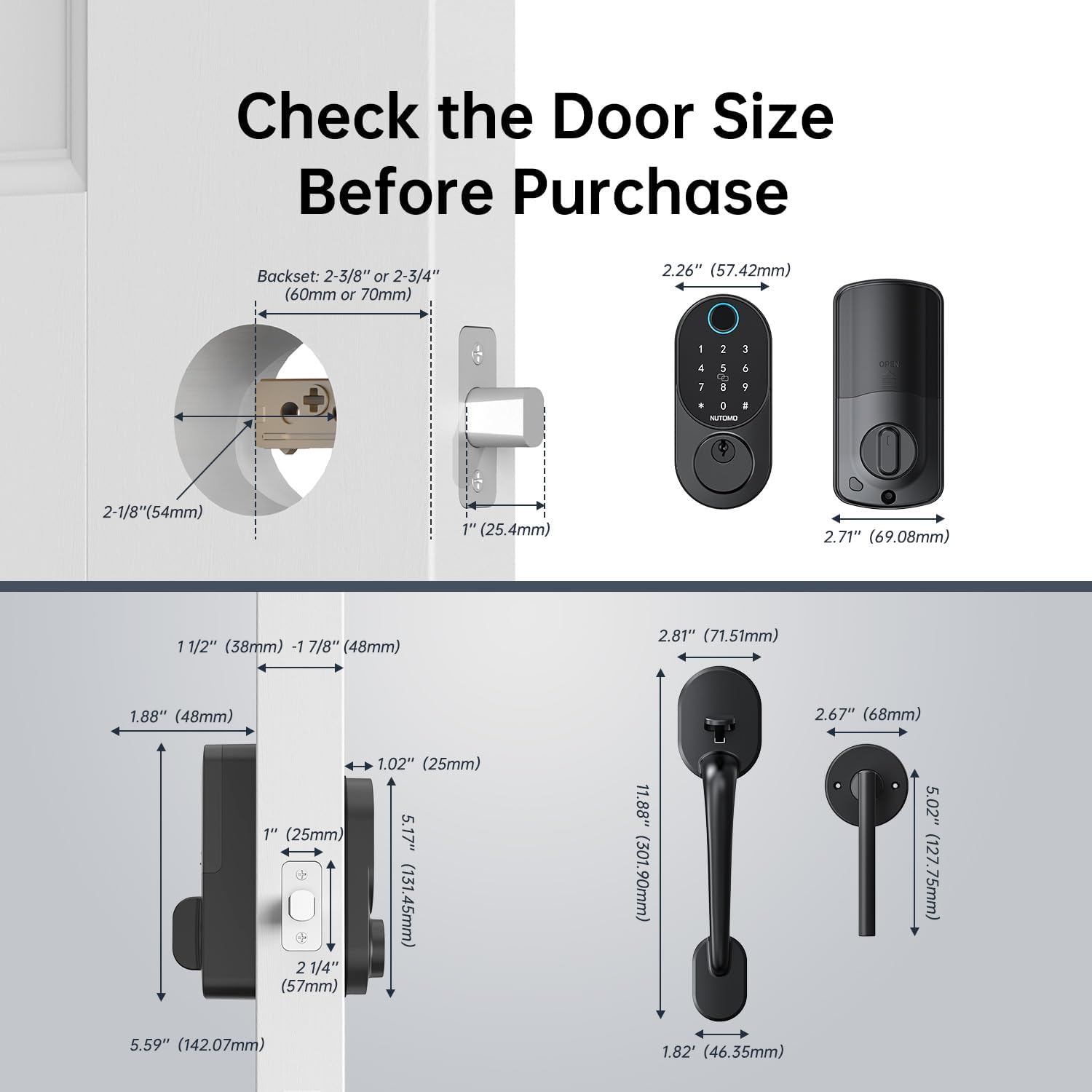 Diagram showing door dimensions and lock measurements for compatibility check.
