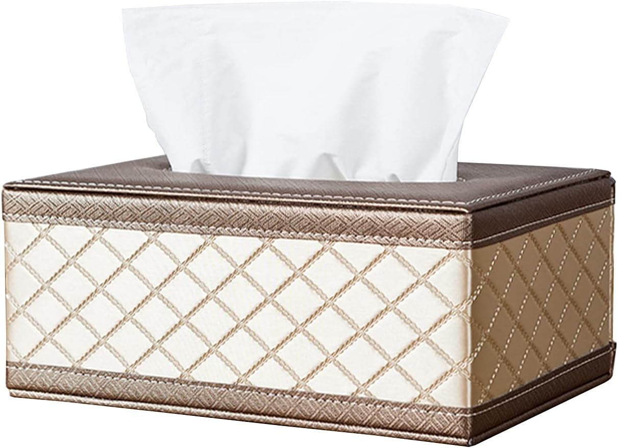 Rectangle Facial Tissue Box Cover Waterproof PU Leather Napkin Holder for Vanity Countertop Car Office Bathroom Home Bedroom Decorations (Gold)