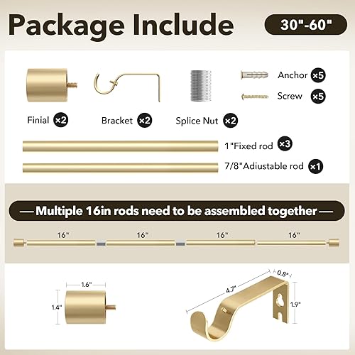 Miniatura 4 de Cortineros de alta resistencia, para exterior, ventana, casa de campo, dormitorio, ajustables, fácil instalación, 1 pulgada, 28 a 48 pulgadas