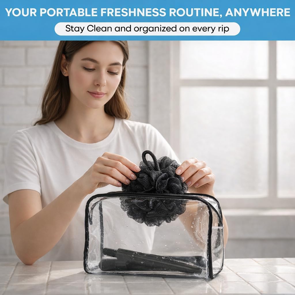 Loofah with Handle & Shower Brush Charcoal 2 Pack- Back Scrubber for Shower for Men & Women, Body Brush Ideal for Exfoliation, Back Loofah for Shower with Bath Brush, Long Handle for Shower Back Brush