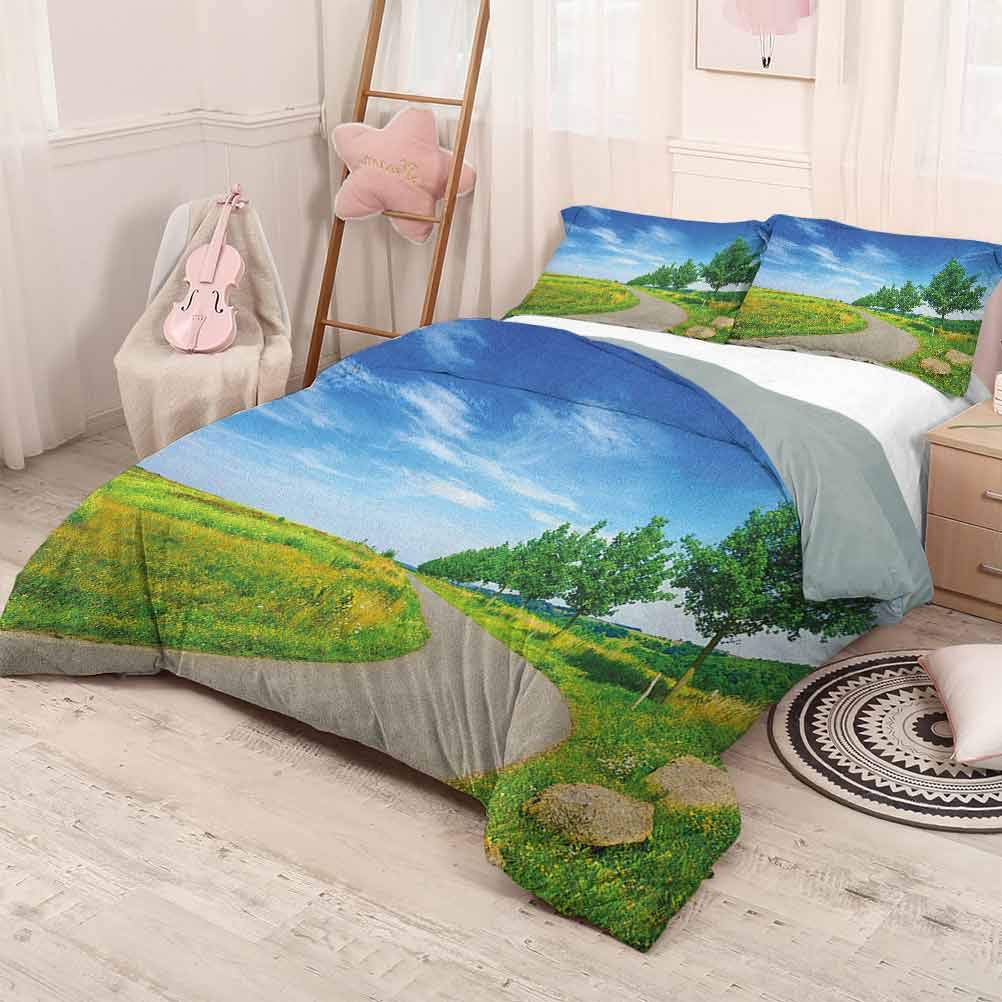 prunushome Country 3 Piece Bedding Sets Road Desolate Green Field with Trees Clear Blue Sky Rural Outdoors Landscape Good Choice as a Gift Green Blue Grey 80x90in/20x30inx2