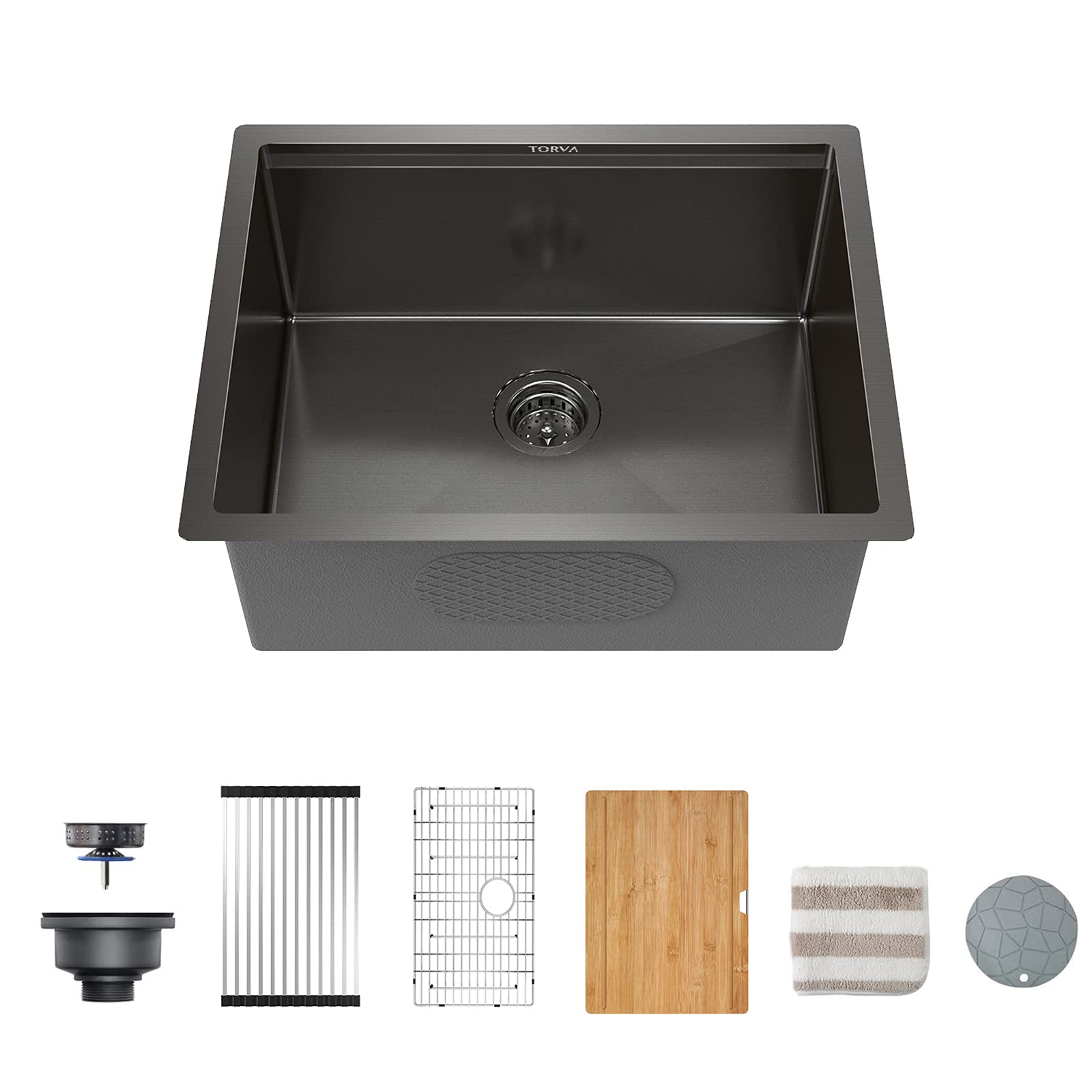 TORVA 24Inch Gloss Black Workstation Undermount Single Bowl Kitchen