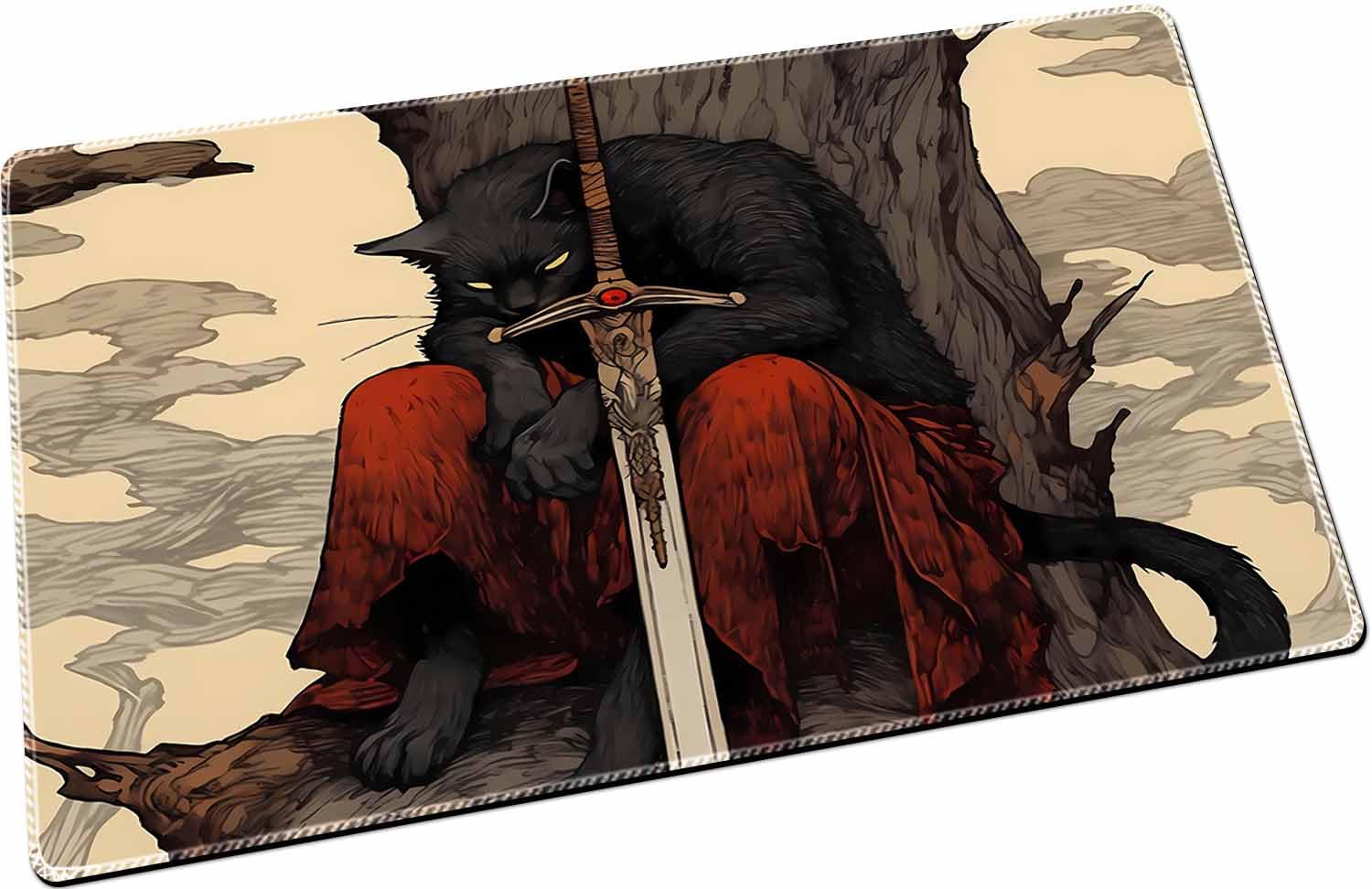Playmat for MTG & TCG，24x14 inches(Cat Swordsman)
