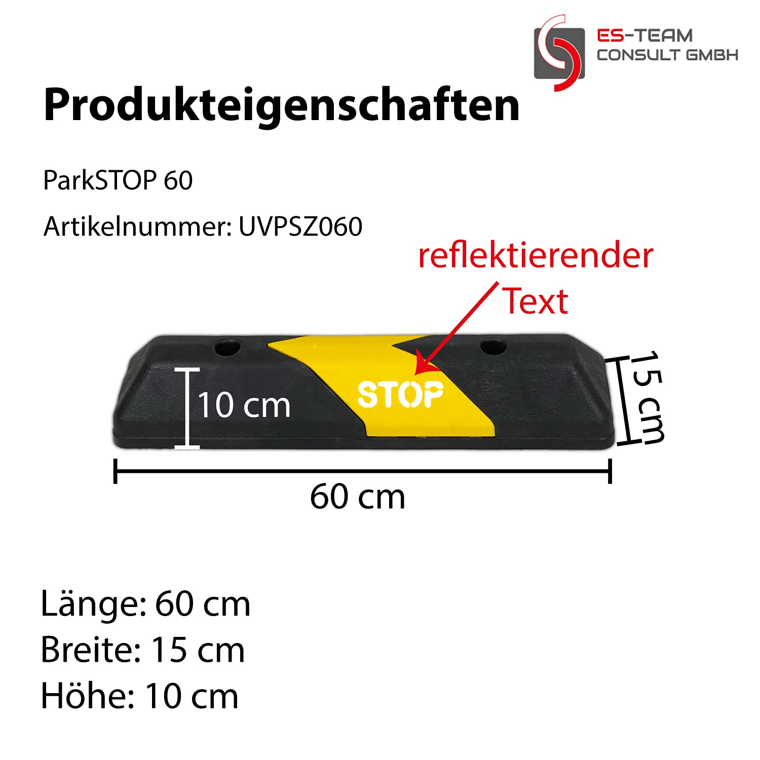 UvV-Flex ParkSTOP Fahrzeugstopper Parkplatzbegrenzer in verschiedenen Längen schwarz/gelb 60-110 - 190cm aus hartem PPC - Einparkhilfe Garage/Carport/Parkplatz (Polyurethan, 600 mm)