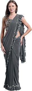 Latest Pure Lycra Ready to Wear Saree with Black Embellished Ready Blouse