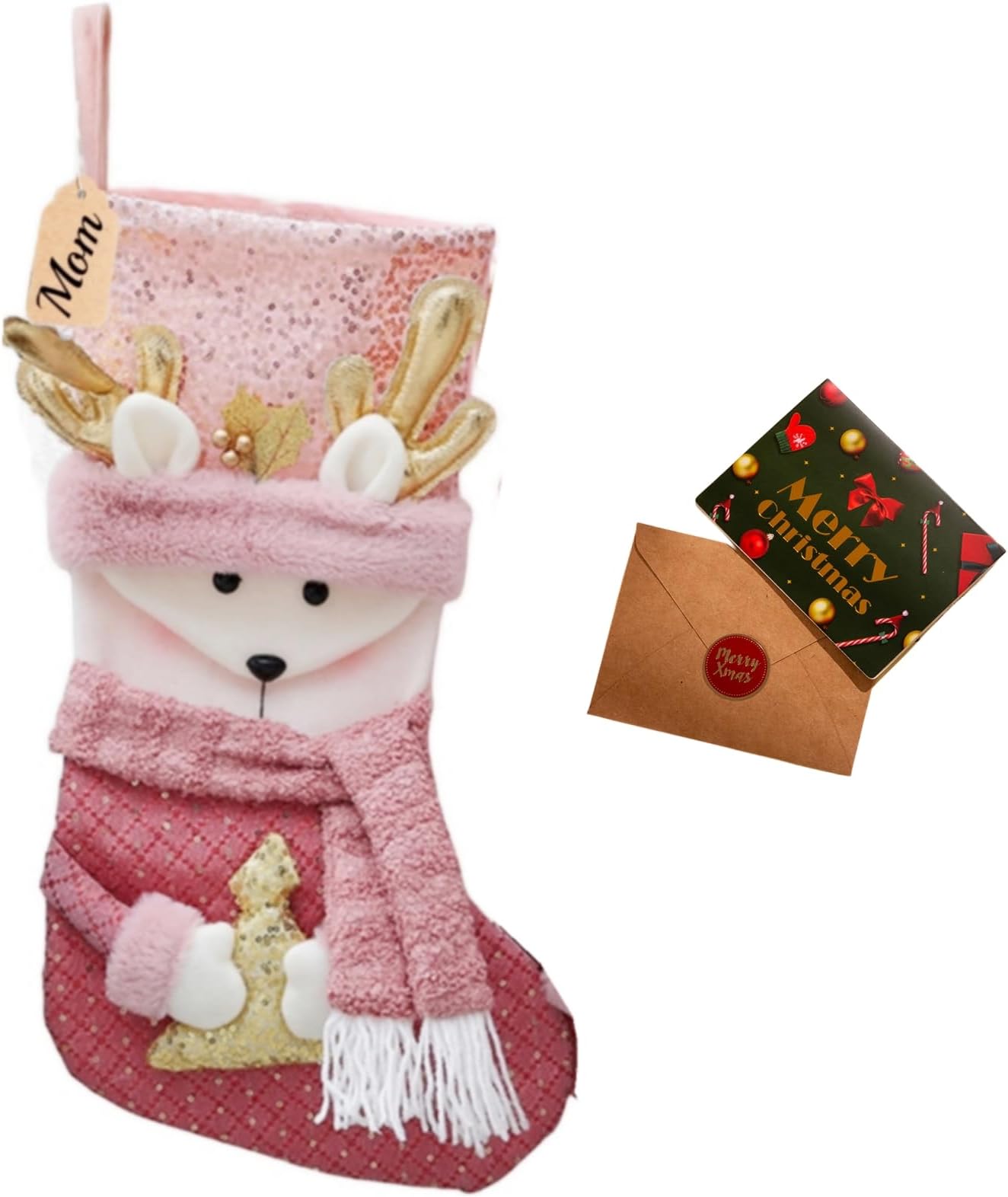 Pink Christmas Stockings with Gold Sequins 20" Large Size 3D Reindeer/Santa Claus/Snowman Doll Personalized Christmas Stocking for Christmas Ornaments Stairs Fireplace Hanging Decor