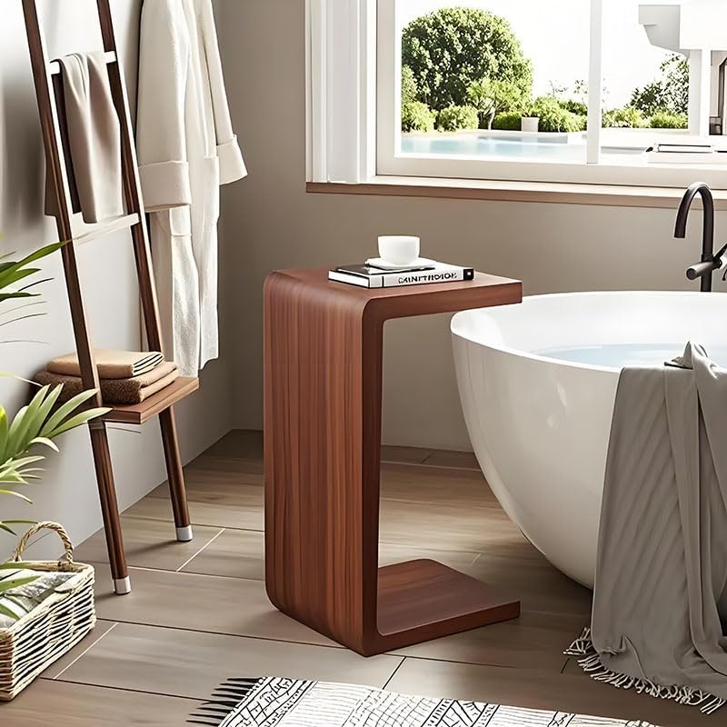 Walnut C Shaped End Table for Couch - Slide Under Sofa Side Table & Small Sofa Table Tray for Laptop | Space-Saving Narrow Design for Bedroom, Living Room