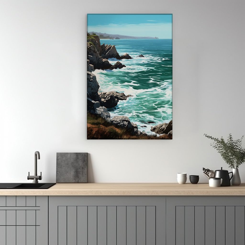 Canvas for Living room. Coastal Serenity Amidst Turbulent Waves: A Vivid Digital Seascape Masterpiece, 27 x 18 inch Canvas Wall Art - Contemporary Masterpieces - Modern Home Decor