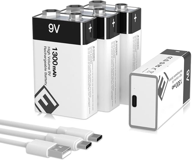 4 x 1300mAh USB Rechargeable 9 Volt battery lithium-ion (High Capacity Up to 1500+ Cycles)+Charging Cable for Smoke Detectors, Gas Stove, Flashlights, Guitar, Keyboard, Multimeter More