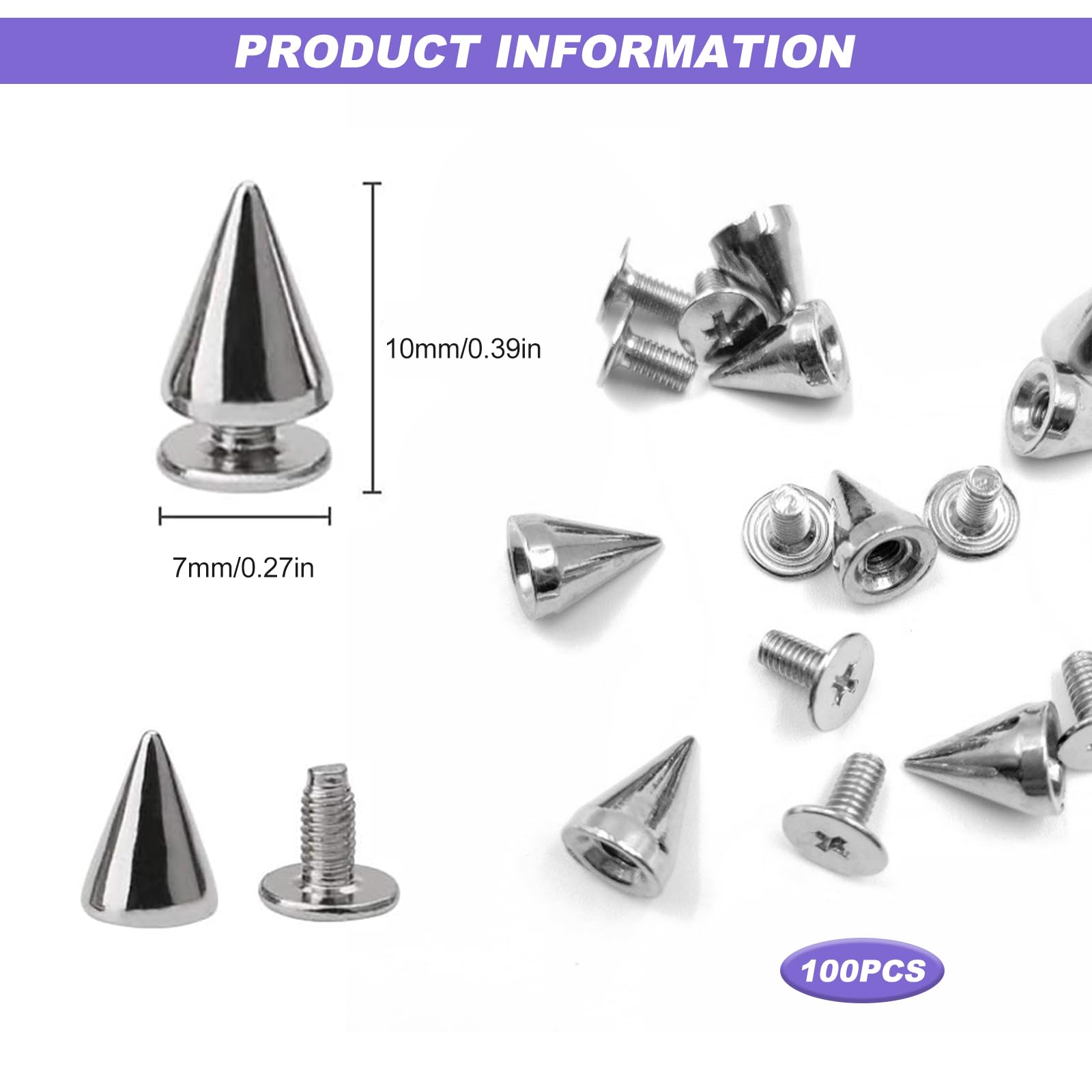 HONQX Spikes Studs for Clothing 100pcs Metal Spike Studs Replacement Bullet Cone Spikes Rivets for Clothing Metal Leather Fabric 7x10mm - Image 2