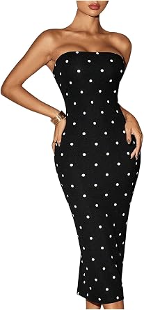WDIRARA Womens Polka Dots Strapless Tube Dress Cocktail Party Bodycon Midi Dresses