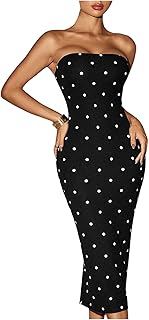 Women's Polka Dots Strapless Tube Dress Sleeveless Bodycon Party Midi Dresses - Buy now